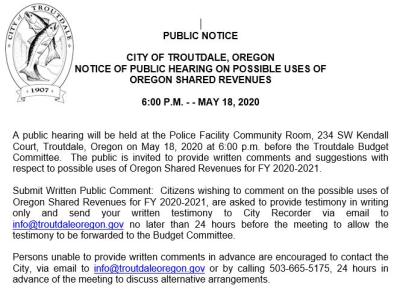 Notice of public hearing on possible uses of Oregon shared revenues